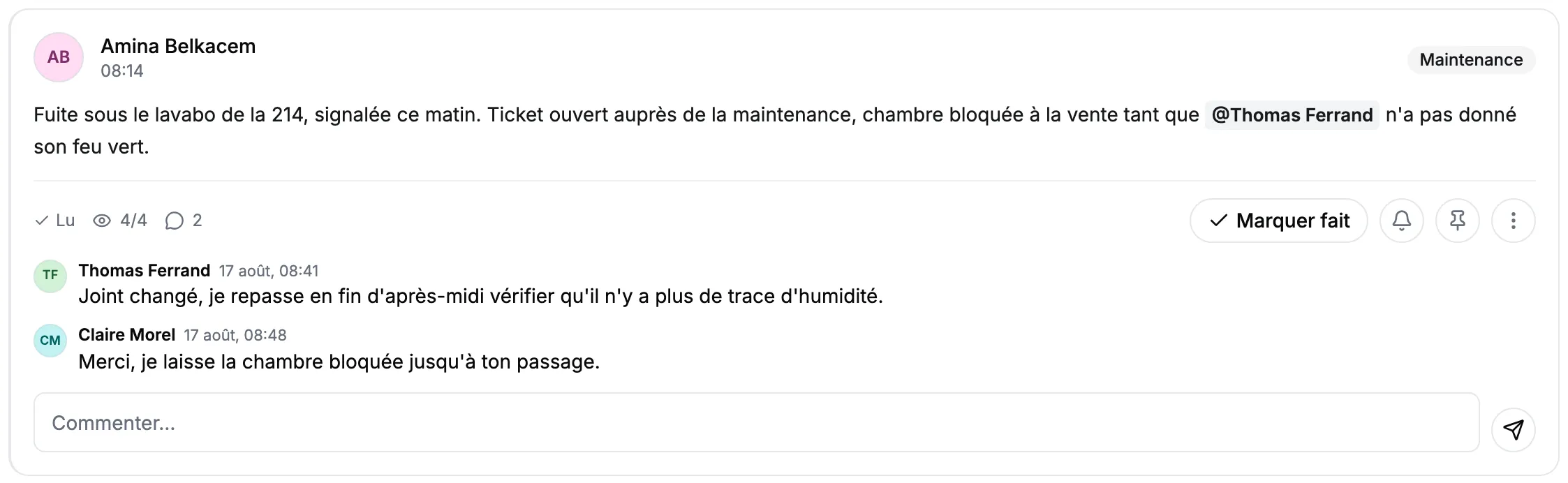 Une consigne signalant une fuite en chambre 214 : elle cite un collègue, indique que quatre personnes sur quatre l'ont lue, et porte deux commentaires datés, dont la réponse du responsable technique.