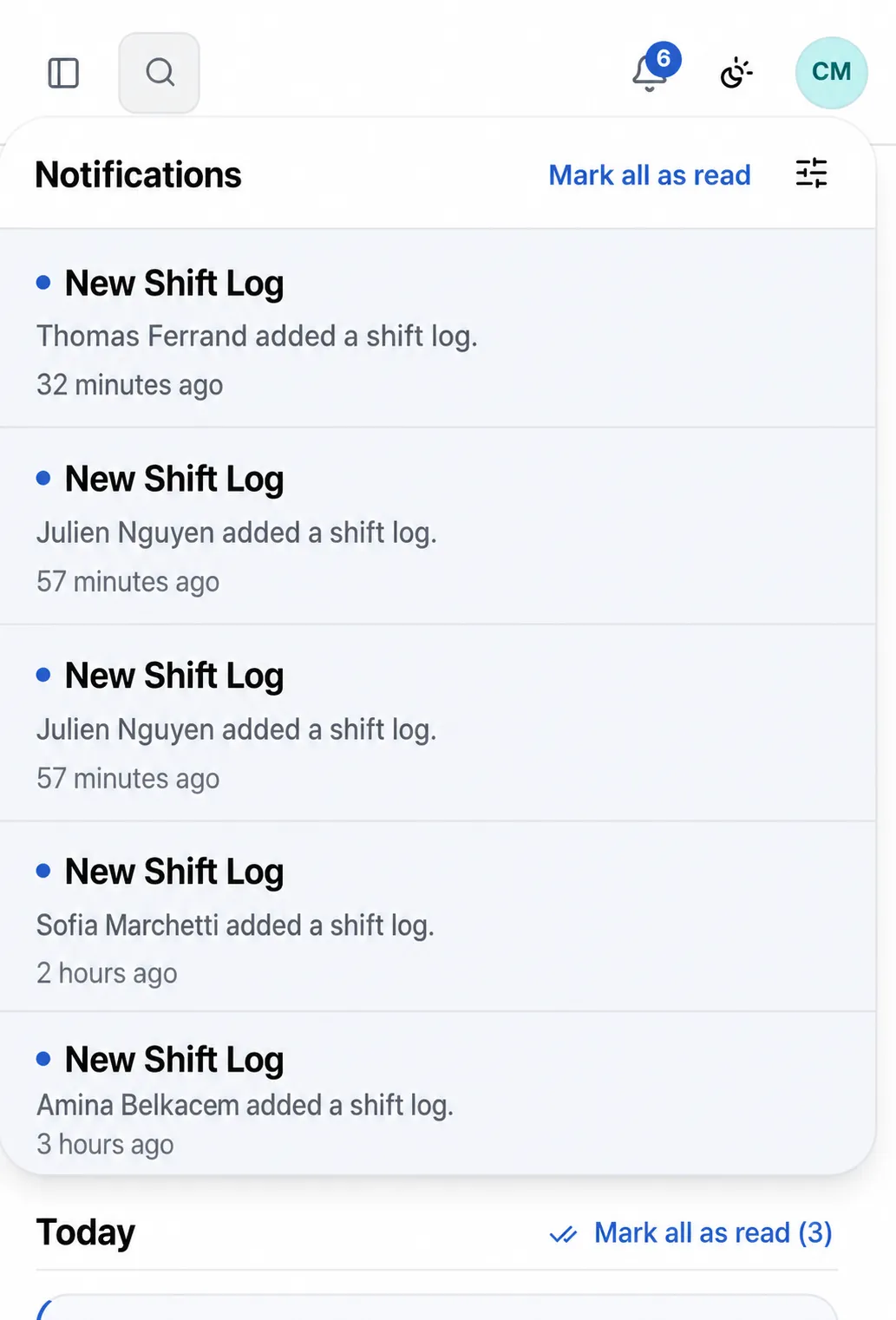 Front Desk open on a phone: the list of notifications received during a shift, each one showing who wrote a note and how long ago.