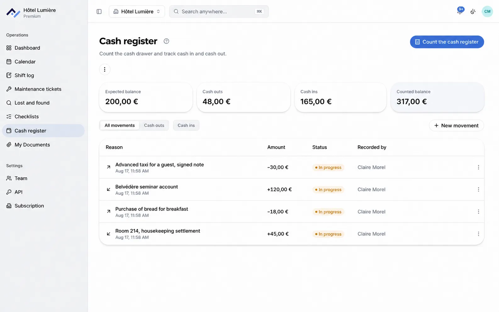 The Front Desk cash register screen: starting float, transactions in progress, the expected amount in the till, and the list of transactions with their reason and the person who recorded them.