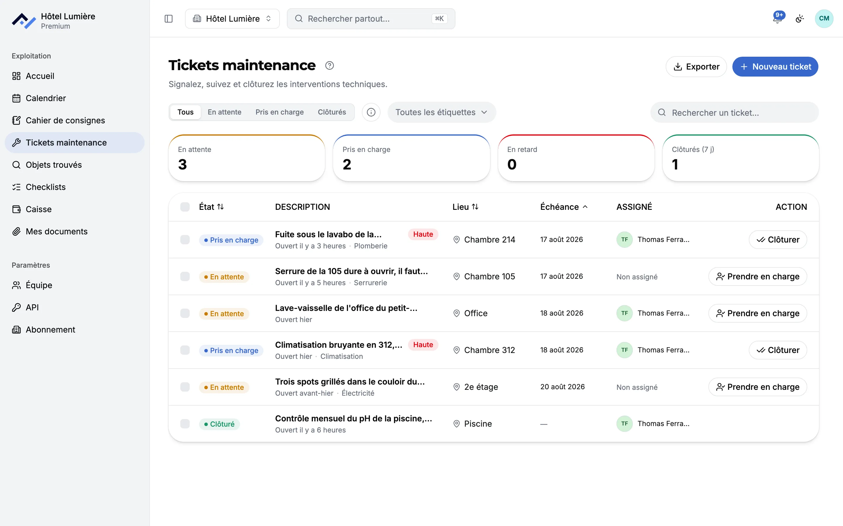 L'écran des tickets de maintenance de Front Desk : six interventions avec leur état, leur lieu, leur priorité, leur échéance et la personne qui les a prises en charge.