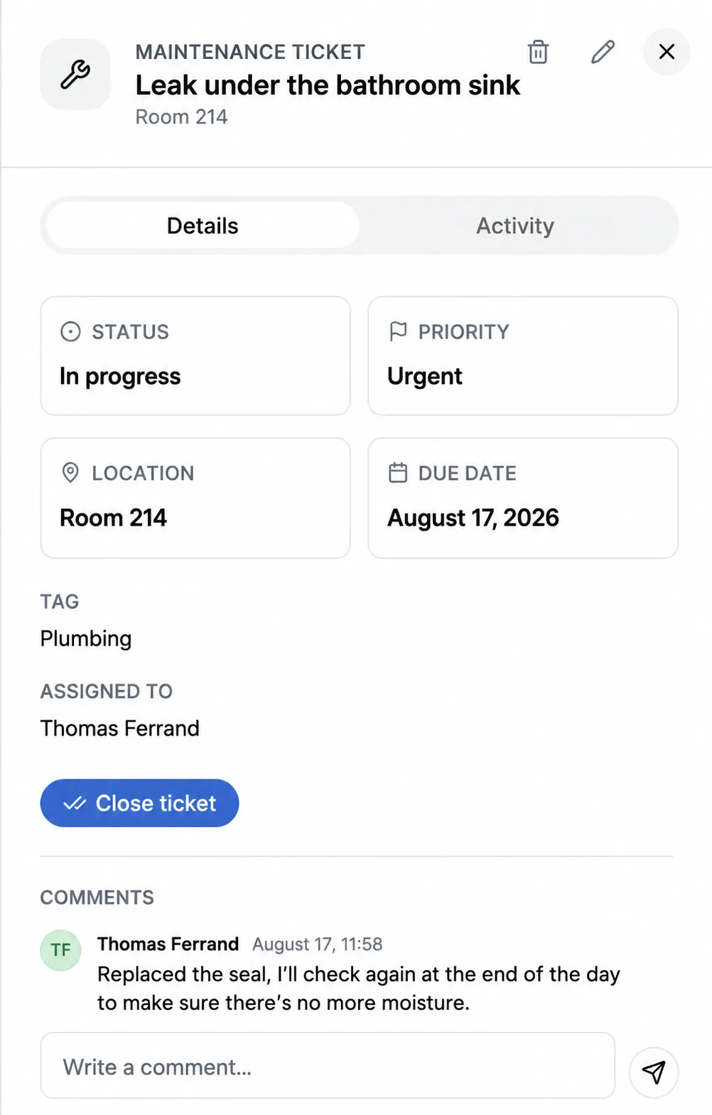 A maintenance ticket record in Front Desk: status in progress, high priority, the room involved, due date, plumbing tag, the technician's name and their dated comment.