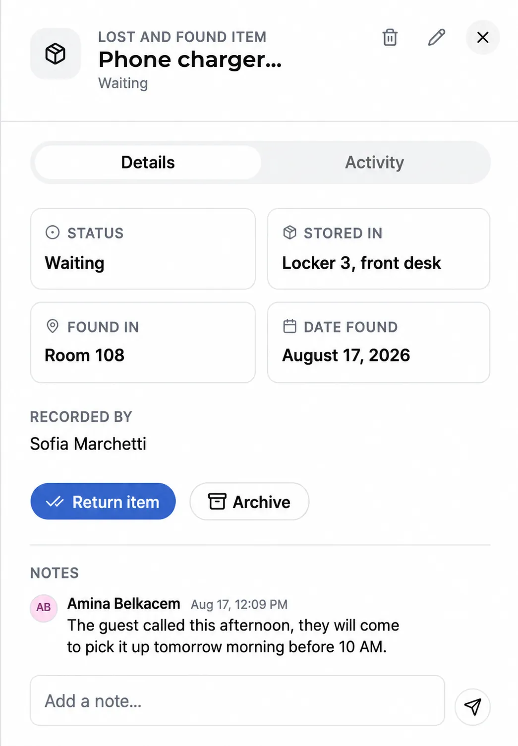 A lost item's card in Front Desk: a phone charger, pending status, stored in locker 3 at the front desk, the room where it was found, and the name of the person who logged it.