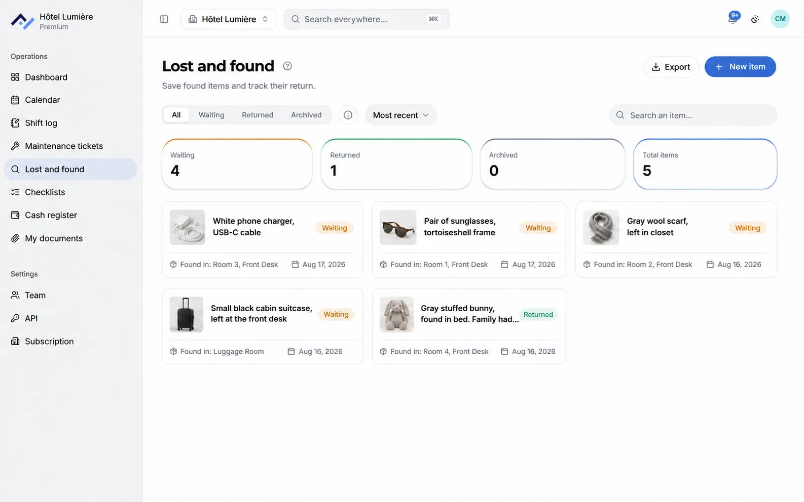 Front Desk's lost and found screen: five items with their storage location and the date they were found, and counters for pending, returned, and archived items.